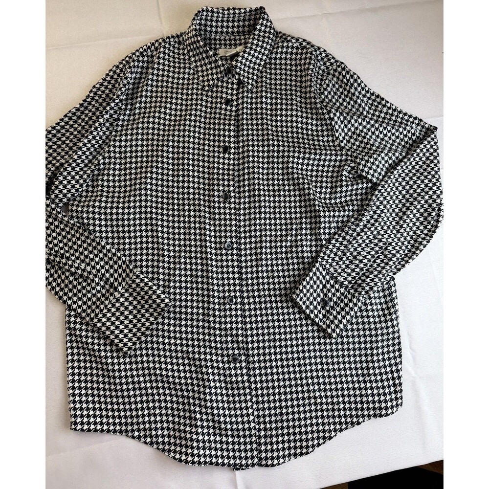 Nordstrom Signature Silk Blend Long Sleeve Blouse Black White Houndstooth Sz M